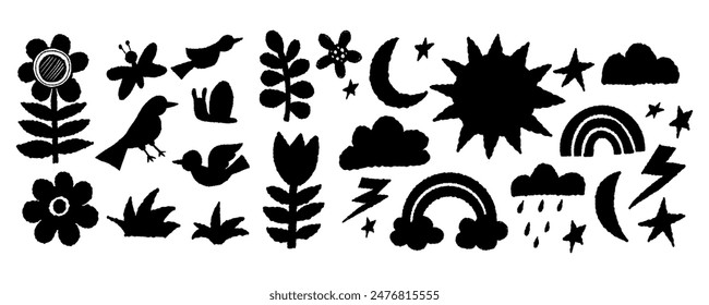 Texture chalk hand drawn nature drawings set. Flowers, plants, birds, weather signs and symbols. Vector illustration. Isolated black elements doodles for design and decoration