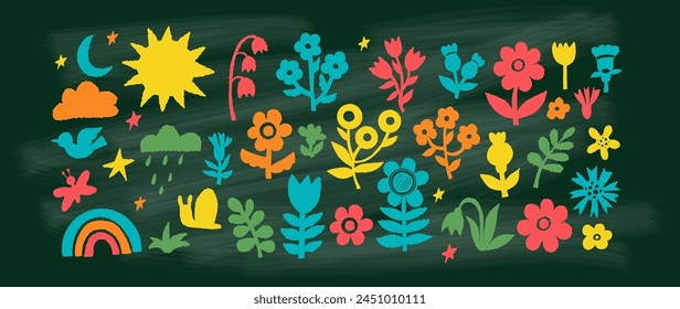 Texture chalk nature hand drawings on green chalk board background. Flowers, plants, branches, bird, weather symbols. Vector illustration. Isolated multi-colored elements doodles for design