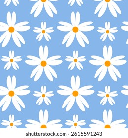 Texture of Chamomile on blue background, flowers and hearts, simple and soft summer design, seamless pattern vector