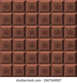 Texture of chocolate bar with marijuana leaf. Chocolate background. Narcotic sweets. Isolated vector illustration on white background.