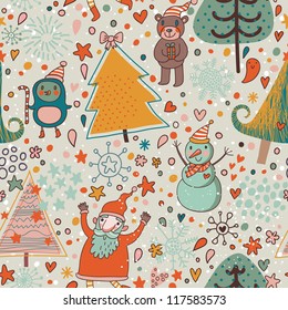 The texture of the Christmas trees and cute cartoon characters. New year seamless pattern.winter design.