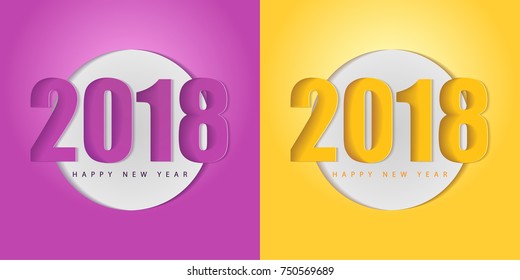 Texture circle made of paper, pink and yellow, inscription 2018, happy new year banner, business card template. White abstract background.