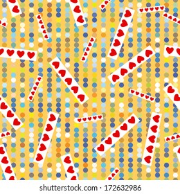 texture with circles, dots, and hearts. Yellow background, strips of circles. Use for Valentine's day