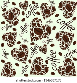 Texture. Coffee heart. On a light background of coffee beans lined hearts. The inscription "coffee". The effect of the fabric. Vector image.