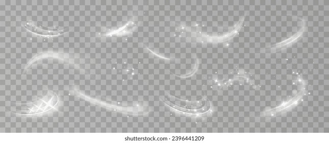 Texture of cold winter wind. Holiday vector snowstorm. Christmas cold snowstorm effect.Light effect.Magic spiral with sparkles.White light effect.Glitter particles with lines.Swirl effect.