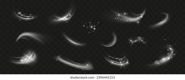 Texture of cold winter wind. Holiday vector snowstorm. Christmas cold snowstorm effect.Light effect.Magic spiral with sparkles.White light effect.Glitter particles with lines.Swirl effect.