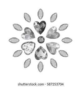 Texture of colored marquise & heart grey cut gems isolated on white background, vector illustration