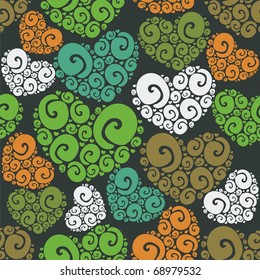 texture of colorful hearts on green background. Vector illustration