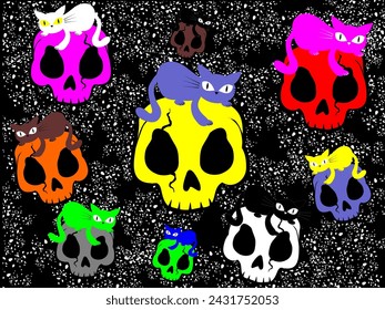 Texture of colorful skulls with black background, bones.