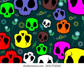 Texture of colorful skulls with flowers, bone.