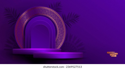 Texture composition with a stage and a round frame in gold color.