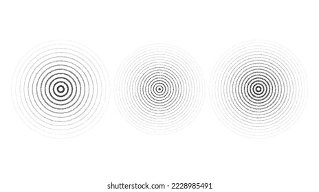 Texture concentric ripple circles set. Sonar or sound wave rings collection. Epicentre, target, radar icon concept. Radial signal or vibration elements. Dotted illustration 