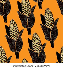 Texture of corn cobs. For design, print, wallpaper. fabrics, paper. Vector overlapping seamless pattern.