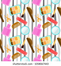  texture - cosmetics, makeup, beauty, style, accessories. Professional makeup artist background. seamless pattern with lipstick  and brush makeup . fashion style. Vector illustration.Eps 10.
