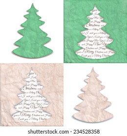 Texture of crumpled craft paper with a stylized shape of Christmas fir trees. Set of four grunge vector illustration, beige natural and green color. 