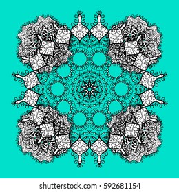 Texture curls. Vector oriental style arabesques. Mandalas lace, stylized flowers, paisley. Openwork delicate pattern. On blue and white background with doodles elements.