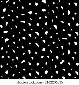 Texture of curved hand-drawn white dots and spots on a black square background. Used for printing on paper, fabric, packaging, wallpaper. Eps10.