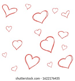 Texture with cute hand drawn red hearts. Valentines day greeting card or wedding invitation background party design. Vector illustration.