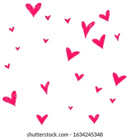 Texture with cute hand drawn red hearts. Valentines day greeting card or wedding invitation background party design. Vector illustration.