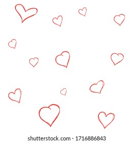 Texture with cute hand drawn red hearts. Valentines day greeting card or wedding invitation background party design. Vector illustration.