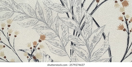 Texture with delicate floral patterns and leaves on a white light background. Floral ornament wallpaper or fabric. Wallpaper texture with flowers and leaves.