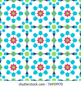 Texture design (seamless tiles) with flowers and stars in green, blue, pink