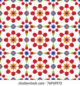 Texture design (seamless tiles) with flowers and stars in orange, purple, red, blue, green