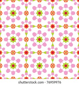 Texture design (seamless tiles) with flowers and stars in green, pink, red, orange