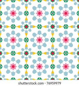 Texture design (seamless tiles) with flowers and stars in pink, red, blue, green, yellow