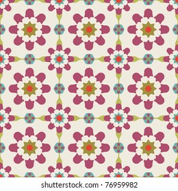 Texture design (seamless tiles) with flowers and stars in purple, red, blue, green, grey