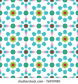 Texture design (seamless tiles) with flowers and stars in green, blue, pink, red