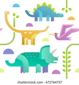 Texture of dinosaurs. Cartoon background. Seamless pattern of dinosaurs. Flat design. Vector illustration. Isolated on white.  Triassic period