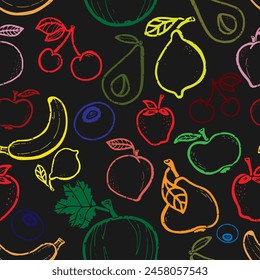Texture doodle vegetables and fruits. Cartoon style. Hand drawn elements. Vector seamless overlapping pattern.