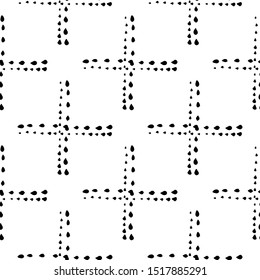 Texture dots brush, ink, stains, crosses seamless vector pattern. Black and white.