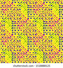 Texture dots brush, ink, stains title seamless vector pattern. Blue, yellow, pink and green colors.