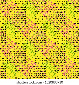 Texture dots brush, ink, stains title seamless vector pattern. Black, yellow, pink and green colors.