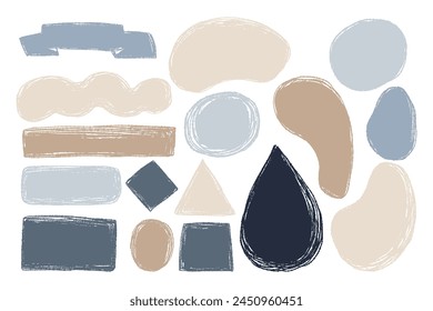 Texture drawings scribbles. Curved chalk shapes and geometric figures. Vector isolated elements with textured scribbles. Multicolored pastel minimalistic objects for design and decoration