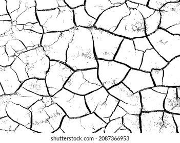 Texture of dry cracked earth. Structure of cracking soil. Black and white vector illustration.