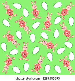 Texture. Easter motif. Rabbits and eggs. White eggs and pink bunnies are on a green background. Vector illustration.