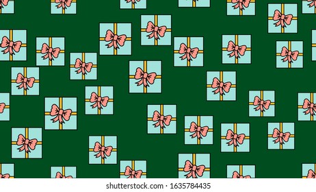 Texture endless seamless pattern from flat icons of gift boxes, love items for the holiday of love Valentine's Day February 14 or March 8 on a green background. Vector illustration.