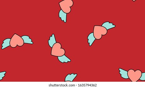 Texture endless seamless pattern from flat icons of hearts with wings, love items for the holiday of love Valentine's Day February 14 or March 8 on a red background. Vector illustration.