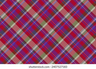 Texture fabric background of seamless check tartan with a plaid vector textile pattern in indigo and red colors.