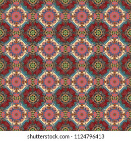 Texture for fabric, gift wrap, wall art design. Seamless repeat pattern with flowers in blue, red and green colors.