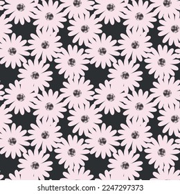 Texture floral seamless pattern. Pink chamomile with dotted middle on black background. Vector illustration. 