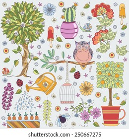 Texture with flowers, fruit tree, flowering tree, owl and insects. Floral pattern. Vector  pattern with gardening tools. Spring time. Garden life.