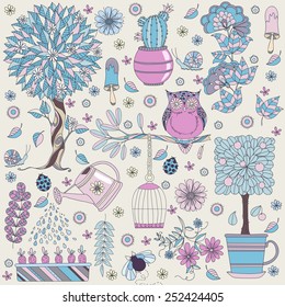 Textura con flores, árboles frutales, árboles floridos, búho e insectos.Patrón floral. Patrón vectorial con herramientas de jardinería.Hora de primavera. Vida en el jardín.