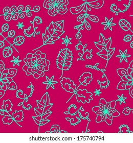 texture of flowers and plants. seamless pattern. contour drawing. bright colors. green outline. pink background. good for fabric design.