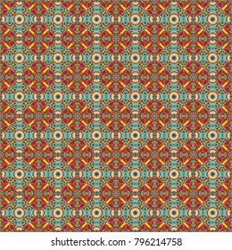 Texture with flowers for use in textile design or wrapping paper. Beautiful abstract seamless pattern. Stylized vector ornament. Kaleidoscope geometric style in orange, pink and blue colors.