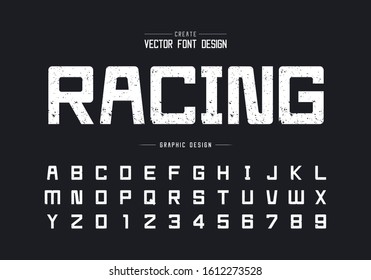 Texture font and alphabet vector, Rough square typeface letter and number design, Racing graphic text on background