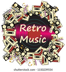 Texture frames inscription retro music from electronics appliances audio tape recorders audio cassettes and vinyl records from the 60s 70s 80s 90s. Vector illustration.